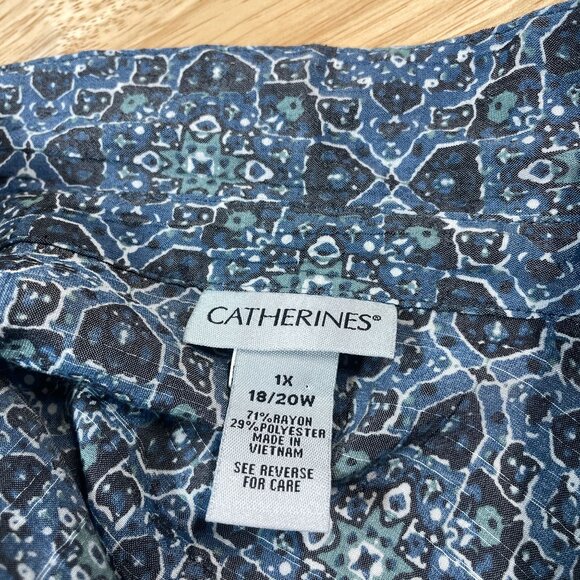 Catherines Peplum Geometric Print Button Up Shirt Women 1X Blue Roll Tab Sleeve - Picture 6 of 7